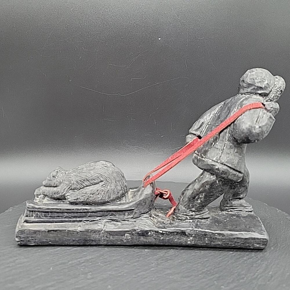 Vintage Inuit Sculpture Figurine Eskimo Hunter Pulling Bear on Sled Canada JOLIN
